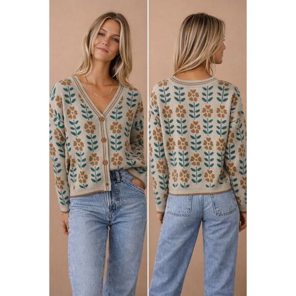Saodimallsu Sweaters - Botanical Floral Knit Cardigan Sweater Button Front Beige Green Size M